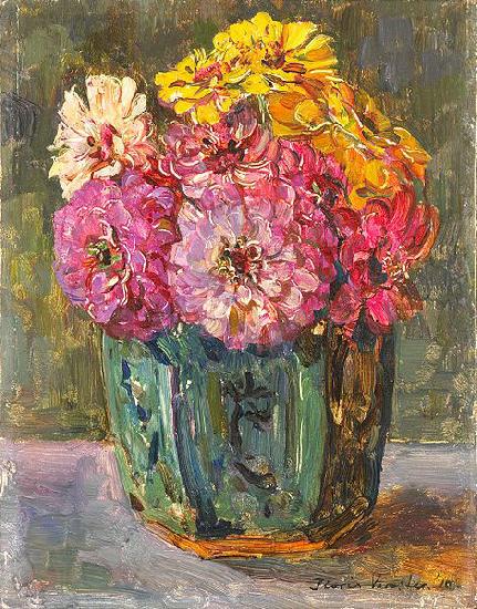 Floris Verster Stillife with zinnias in a ginger pot. Norge oil painting art